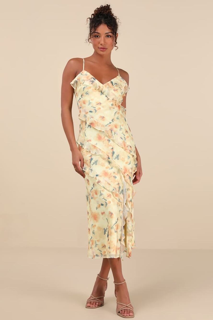 NWT Lulus Dreamy Personality Yellow Floral Ruffled Sleeveless Midi Dress S